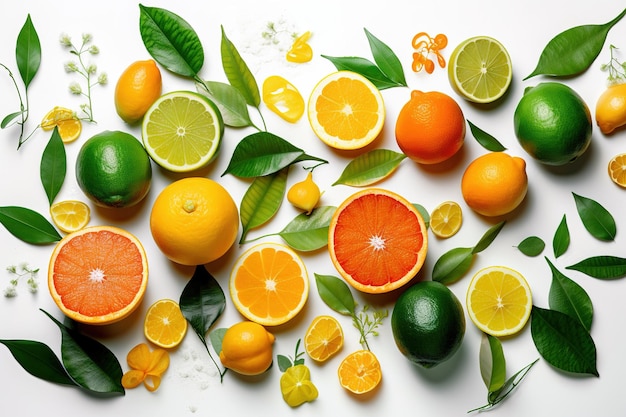 Un montón de frutas cítricas como naranjas, limones y limas.