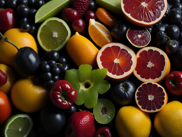 Un montón de frutas diferentes, incluida una con una hoja verde.