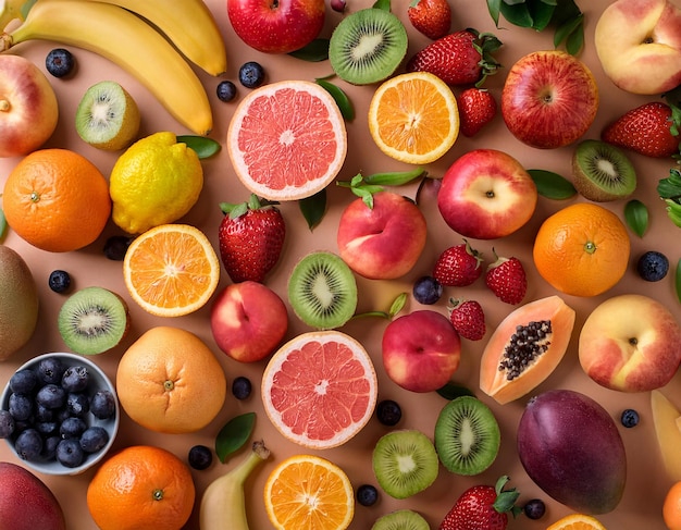 un montón de frutas diferentes, incluida una que dice fruta