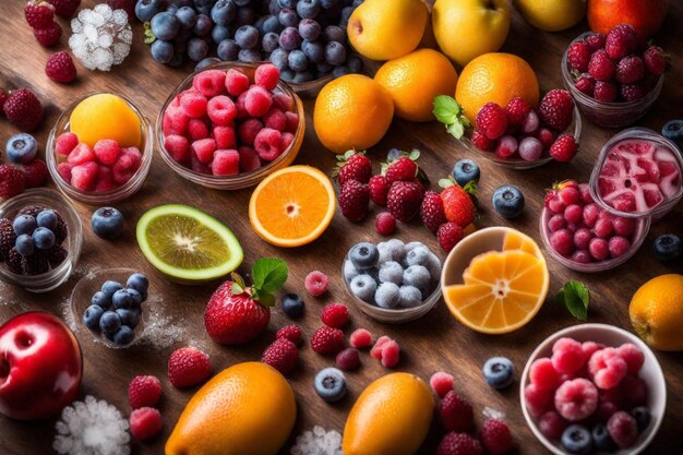 un montón de frutas diferentes, incluidas bayas, arándanos y naranjas