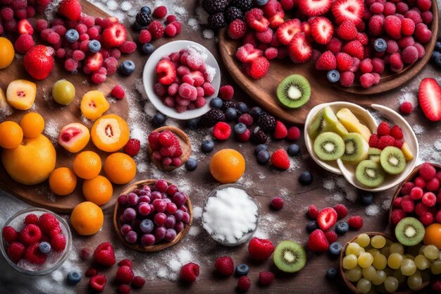 un montón de frutas diferentes, incluidas las frambuesas, el kiwi y el kiwi