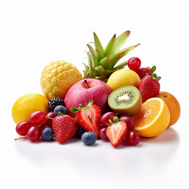 Un montón de frutas diferentes incluyendo una que tiene un kiwi en él.