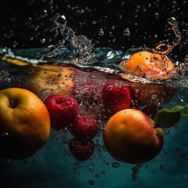 Un montón de frutas flotando en el agua.