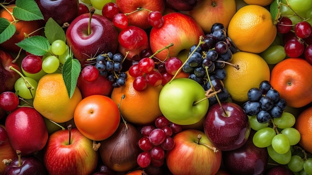 Un montón de frutas incluyendo manzanas, ciruelas y ciruelas.