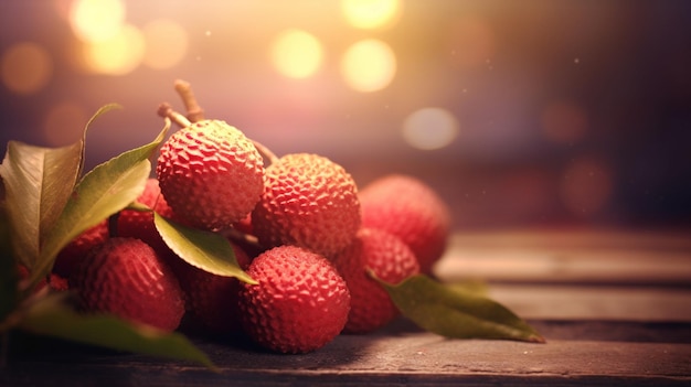 Un montón de frutas de lichi en una mesa de madera