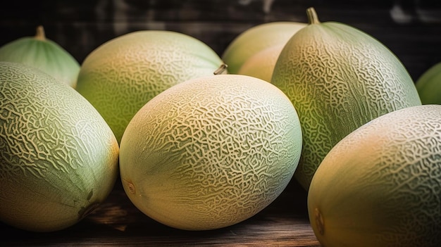 Un montón de frutas de melón en una mesa de madera