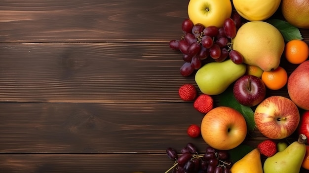 Un montón de frutas en una mesa de madera