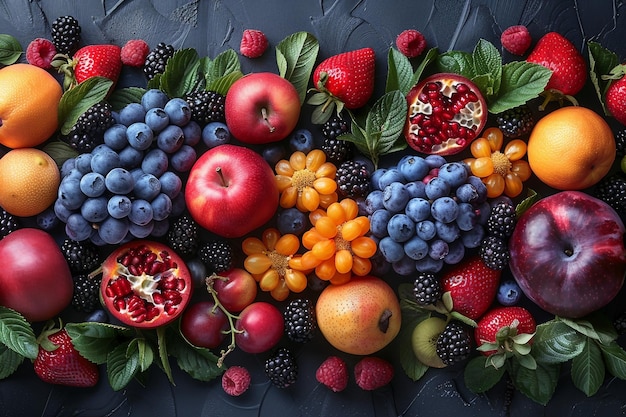 Un montón de frutas que están en una mesa