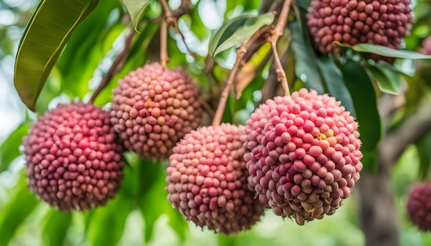 Foto un montón de frutas rosas colgando de un árbol con un montón de plátanos colgando