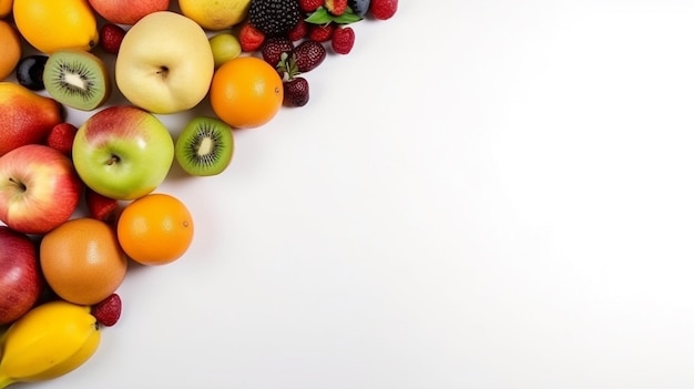 Un montón de frutas sobre un fondo blanco.