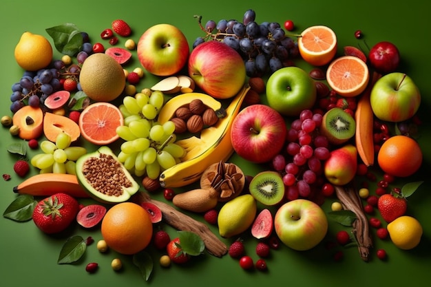 Un montón de frutas sobre un fondo verde.