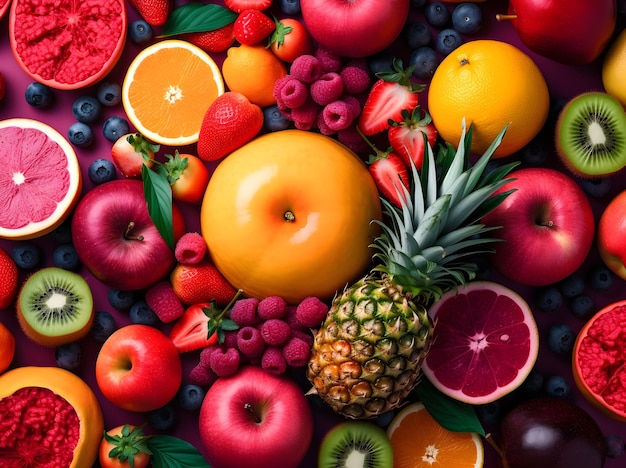 un montón de frutas sobre la mesa al estilo de una paleta de colores brillantes y atrevidos