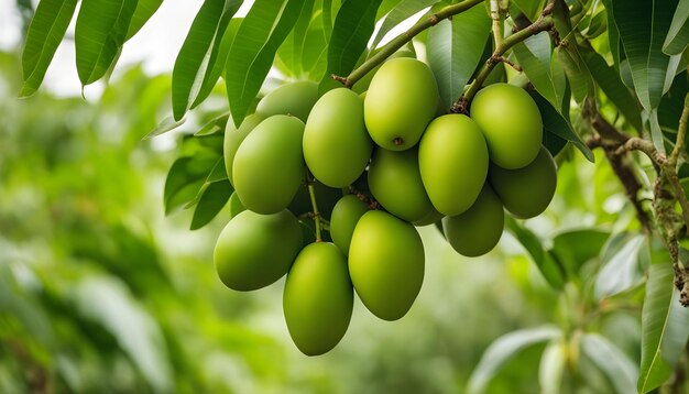 un montón de frutas verdes colgando de un árbol