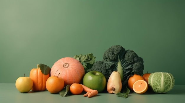 Un montón de frutas y verduras están dispuestas sobre un fondo verde.