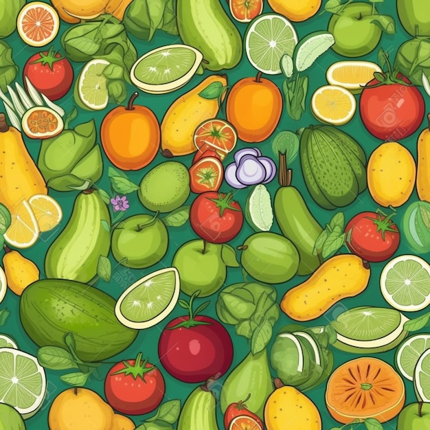 Un montón de frutas y verduras sobre un fondo verde.