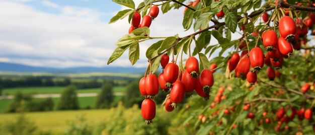 un montón de frutos rojos colgando de un árbol