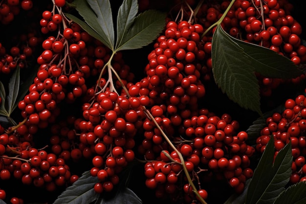 un montón de frutos rojos con hojas y hojas