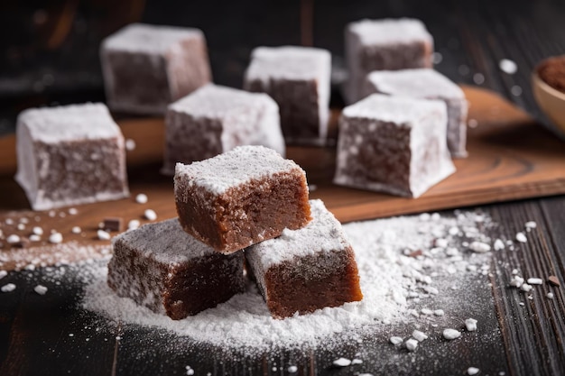 Un montón de fudge azucarado sobre una tabla de madera