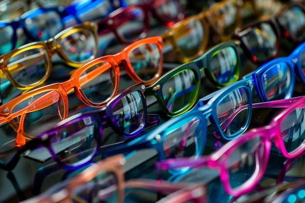 un montón de gafas con marcos naranjas y lentes rojas