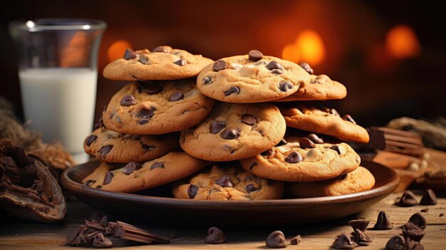 Montón de galletas de chocolate crujientes y dulces cubiertas con gránulos de chocolate