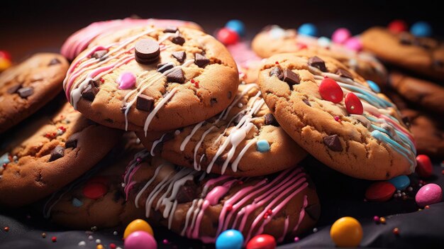 Montón de galletas de chocolate crujientes y dulces cubiertas con gránulos de chocolate