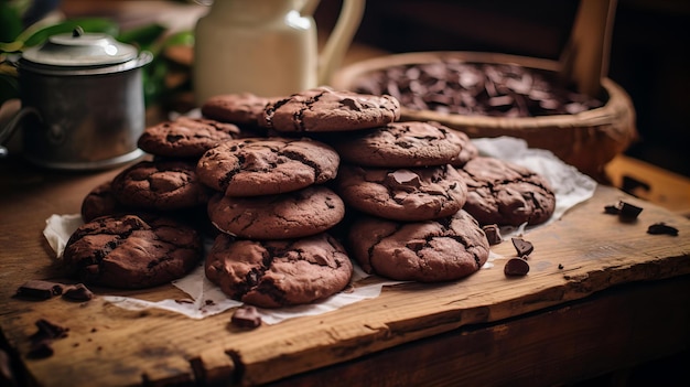 Foto un montón de galletas chunky en una mesa de madera rústica