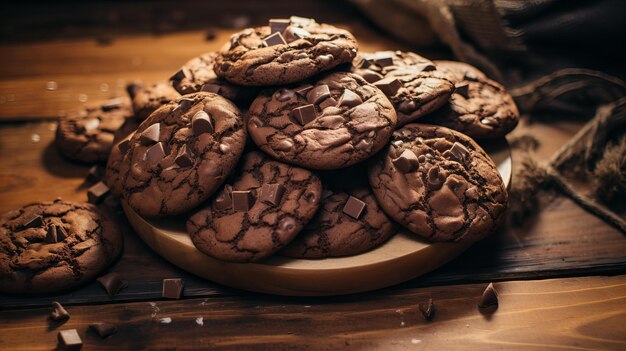 Foto un montón de galletas chunky en una mesa de madera rústica