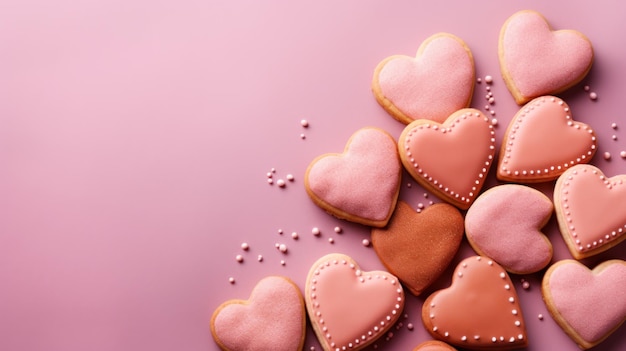 Un montón de galletas en forma de corazón en un fondo rosa ai