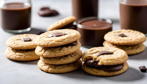 Un montón de galletas de pan corto marrón dorado con bordes rizados medio sumergidas en chocolate oscuro