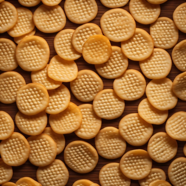 Foto un montón de galletas redondas, amarillas y blancas.