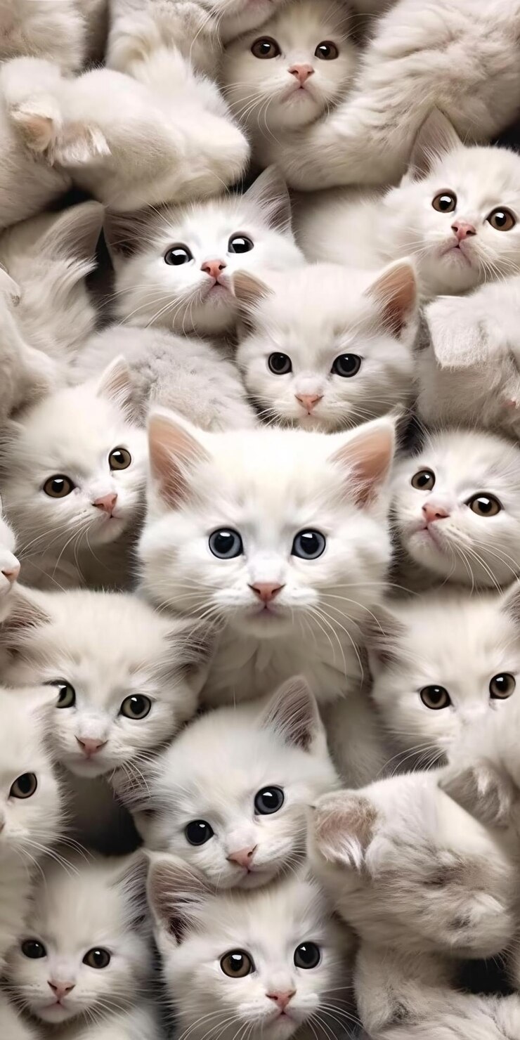 Un montón de gatitos blancos con ojos azules.