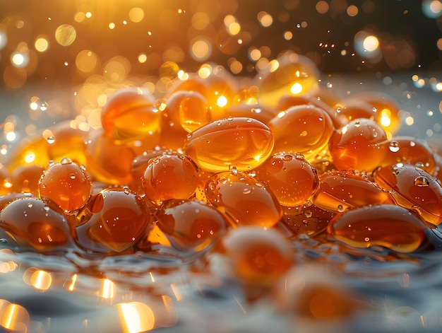 Foto un montón de gelas blandas de aceite de pescado naranja rodeadas de gotas de agua