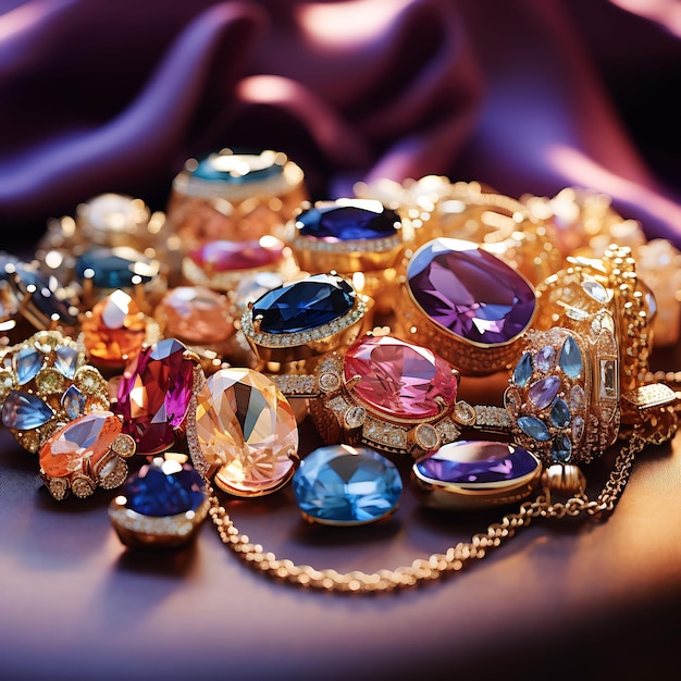 un montón de gemas y piedras preciosas de diferentes colores se encuentran sobre una superficie violeta