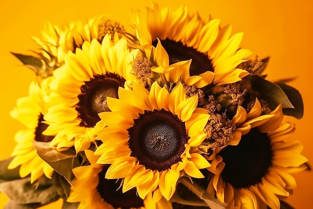 Un montón de girasoles se muestran frente a un fondo amarillo.