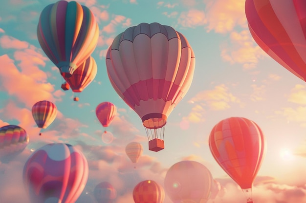 un montón de globos de aire caliente en el cielo con las palabras aire caliente