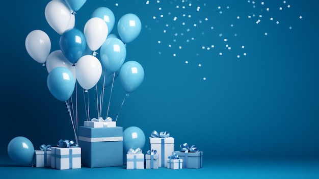 Un montón de globos azules y blancos y regalos