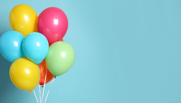 Un montón de globos brillantes en un espacio de fondo azul claro para el diseño de banners de texto