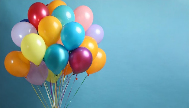 Un montón de globos brillantes en un espacio de fondo azul claro para el diseño de banners de texto