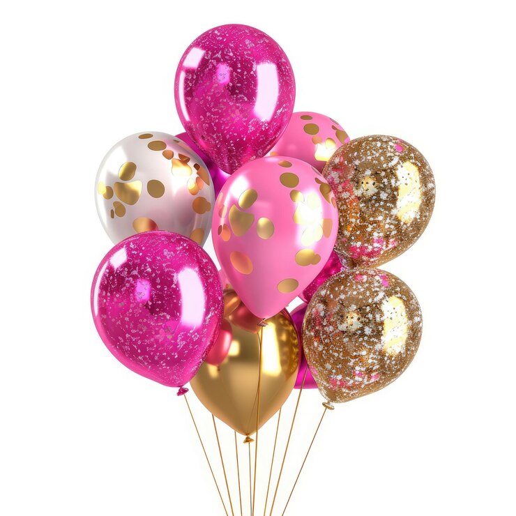 un montón de globos con brillo dorado y rosa en ellos