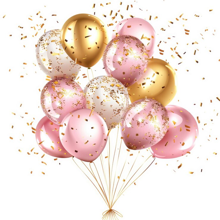 un montón de globos con brillo de oro y brillo de Oro en ellos