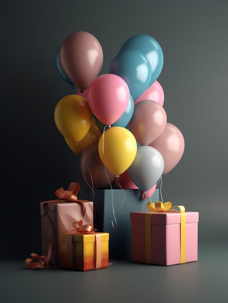 Un montón de globos y una caja de regalo están frente a un fondo oscuro.