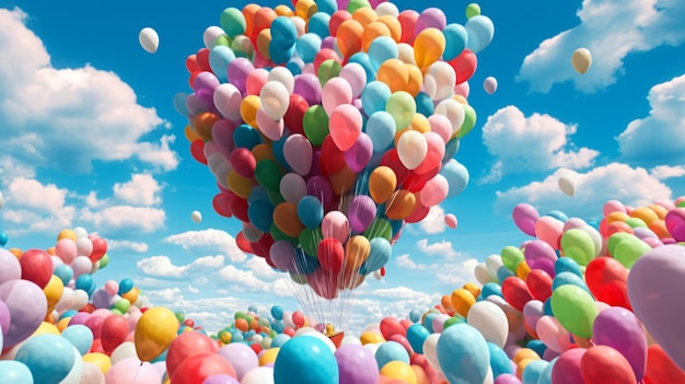 Un montón de globos de colores y cielo.