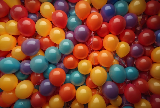 Un montón de globos de colores, uno de ellos sostenido por un hombre.