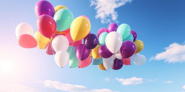 Un montón de globos de colores están en el cielo.