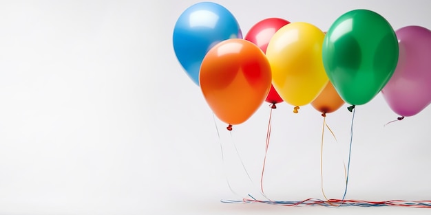 Un montón de globos de colores están sobre un fondo blanco.