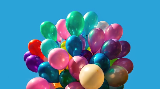 Un montón de globos de colores en el fondo del cielo azul con nubes