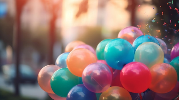 Un montón de globos de colores frente a un edificio.