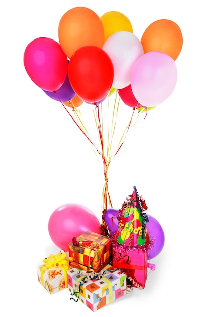 Foto montón de globos de colores y regalos en el fondo