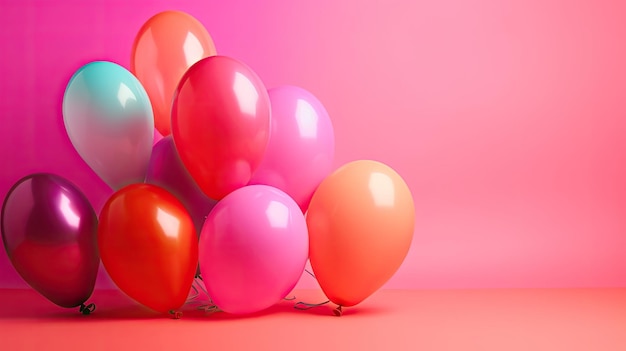 Un montón de globos de colores sobre un fondo rosa.