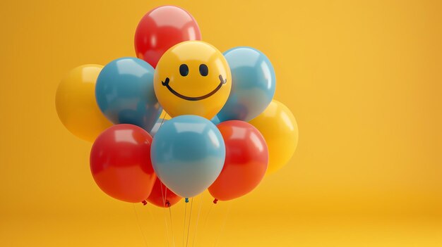 Foto un montón de globos coloridos con una cara sonriente en el globo central los globos son rojos amarillos y azules